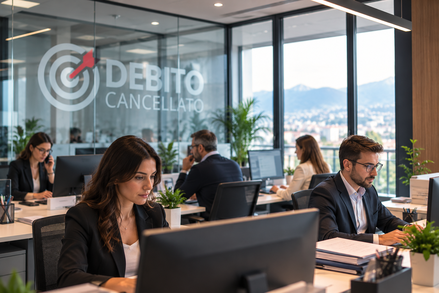L'ufficio Debito Cancellato con il logo sulla vetrata